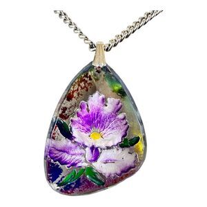 Vintage 1980s Intaglio Purple Flower Resin Pendant 24" Gold Chain Germany Stamp